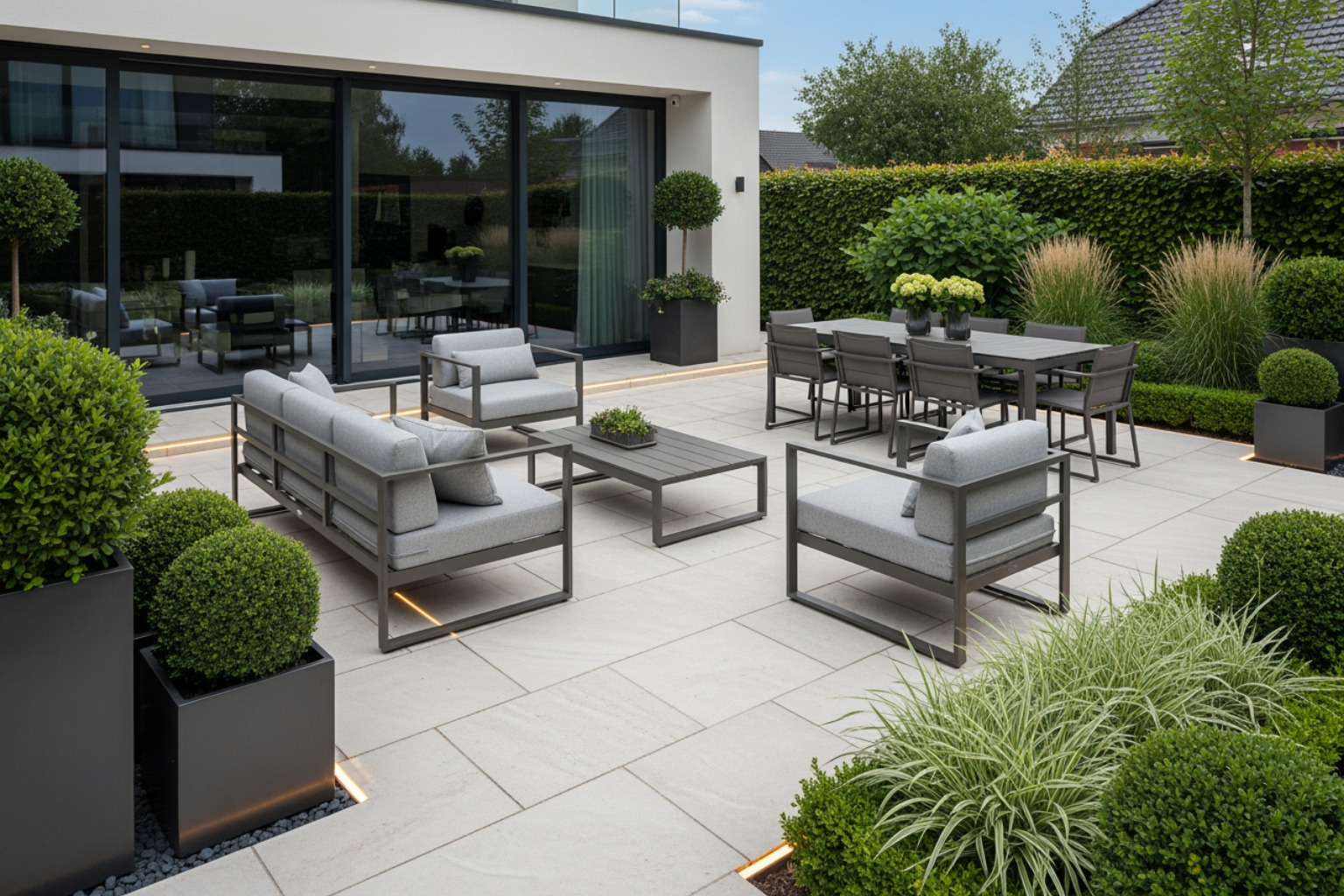 Modern luxury backyard patio with natural stone pavers and sleek outdoor furniture - modern luxury backyard Modern luxury backyard patio with natural stone pavers and sleek outdoor furniture - modern luxury backyard