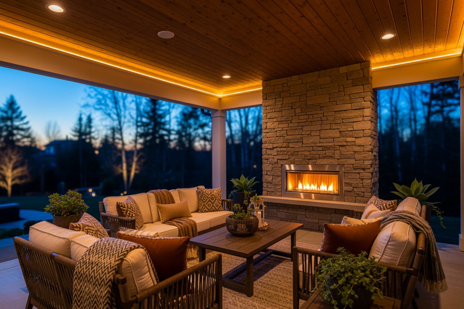cozy covered patio at dusk with integrated lighting, a fireplace, and stylish furniture - modern covered outdoor living spaces cozy covered patio at dusk with integrated lighting, a fireplace, and stylish furniture - modern covered outdoor living spaces