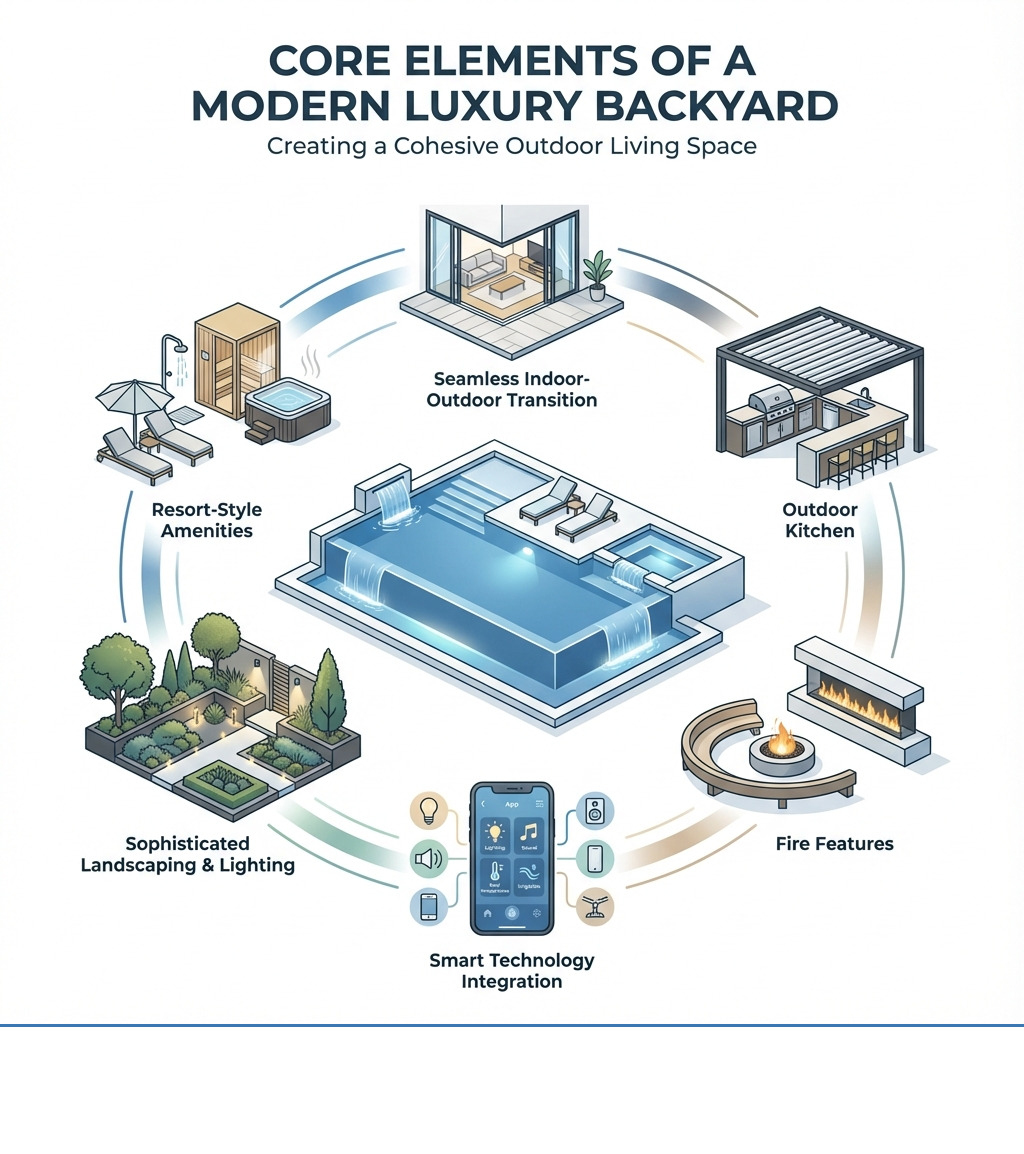 Infographic showing the core elements of a modern luxury backyard: a custom pool with water features in the center, surrounded by icons for outdoor kitchen, fire features, smart technology, seamless indoor-outdoor transition, sophisticated landscaping and lighting, and resort-style amenities, all connected to show how they work together to create a cohesive outdoor living space - modern luxury backyard infographic Infographic showing the core elements of a modern luxury backyard: a custom pool with water features in the center, surrounded by icons for outdoor kitchen, fire features, smart technology, seamless indoor-outdoor transition, sophisticated landscaping and lighting, and resort-style amenities, all connected to show how they work together to create a cohesive outdoor living space - modern luxury backyard infographic
