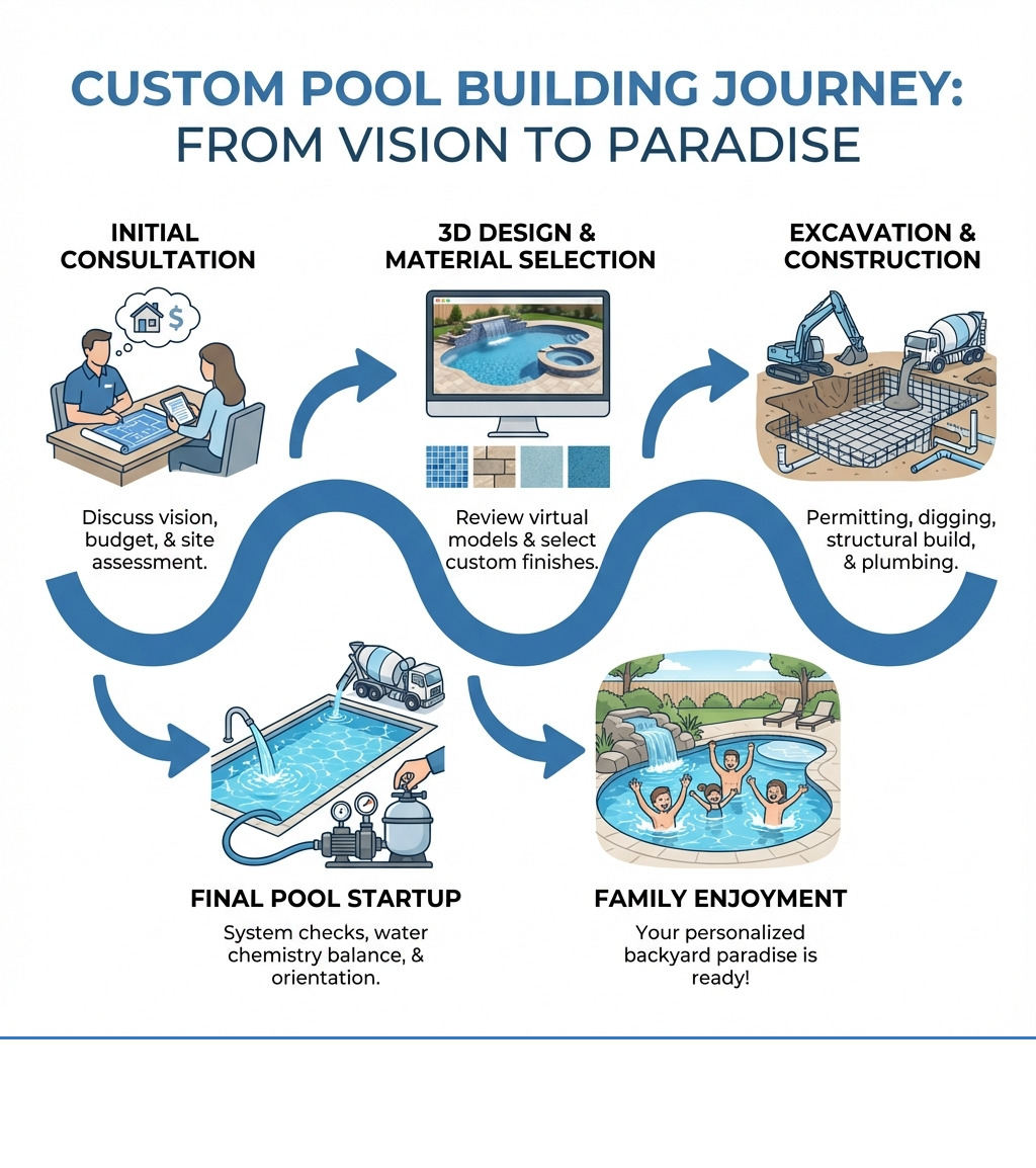 infographic showing the journey from initial consultation with a custom pool builder, through 3D design and material selection, excavation and construction phases, to final pool startup and family enjoyment - custom swimming pool builders infographic infographic showing the journey from initial consultation with a custom pool builder, through 3D design and material selection, excavation and construction phases, to final pool startup and family enjoyment - custom swimming pool builders infographic