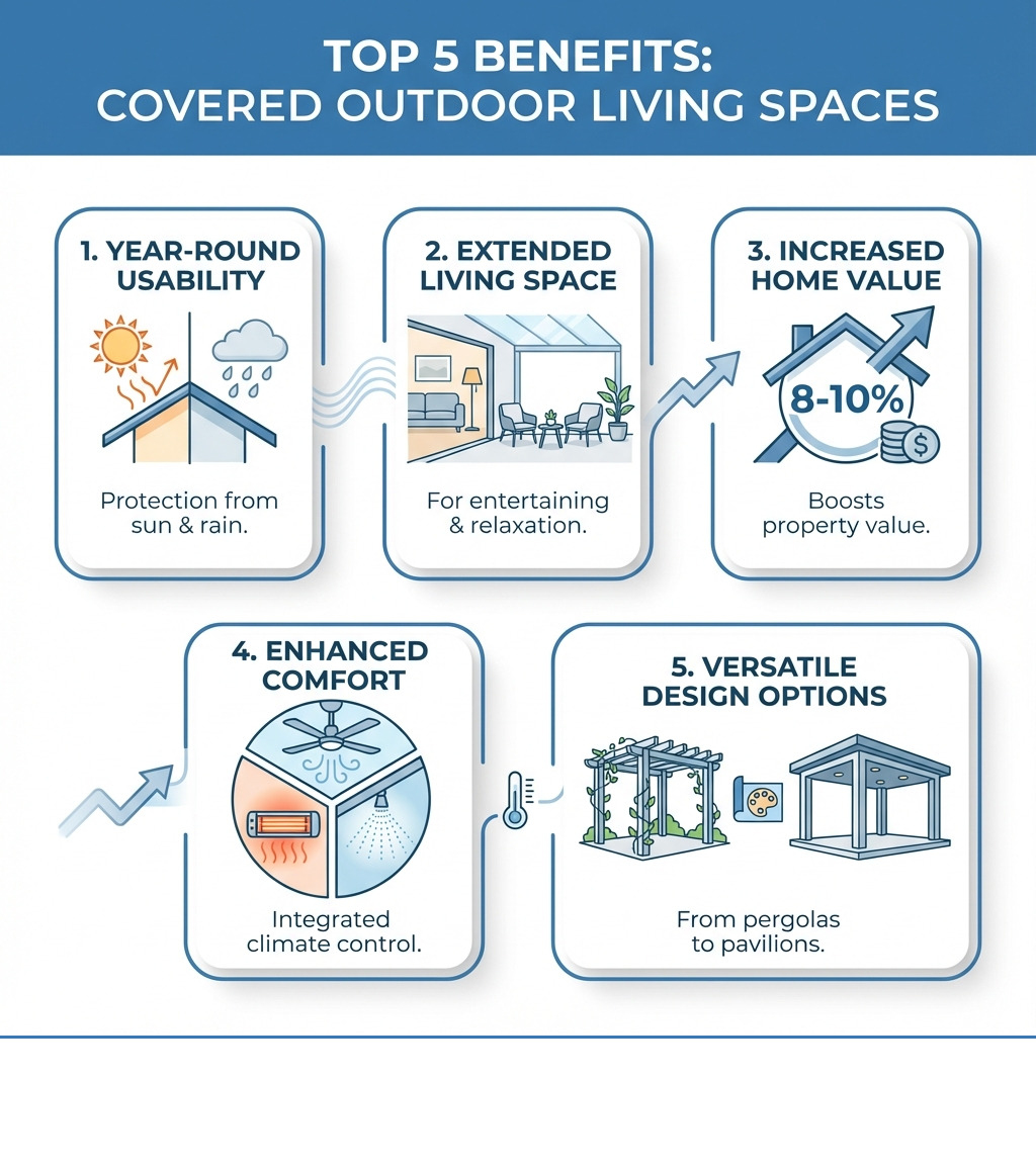 Infographic showing the top 5 benefits of a covered outdoor living space: 1. Year-round usability with protection from sun and rain, 2. Extended living space for entertaining and relaxation, 3. Increased home value by 8-10%, 4. Enhanced comfort with integrated climate control, 5. Versatile design options from pergolas to pavilions - modern covered outdoor living spaces infographic Infographic showing the top 5 benefits of a covered outdoor living space: 1. Year-round usability with protection from sun and rain, 2. Extended living space for entertaining and relaxation, 3. Increased home value by 8-10%, 4. Enhanced comfort with integrated climate control, 5. Versatile design options from pergolas to pavilions - modern covered outdoor living spaces infographic
