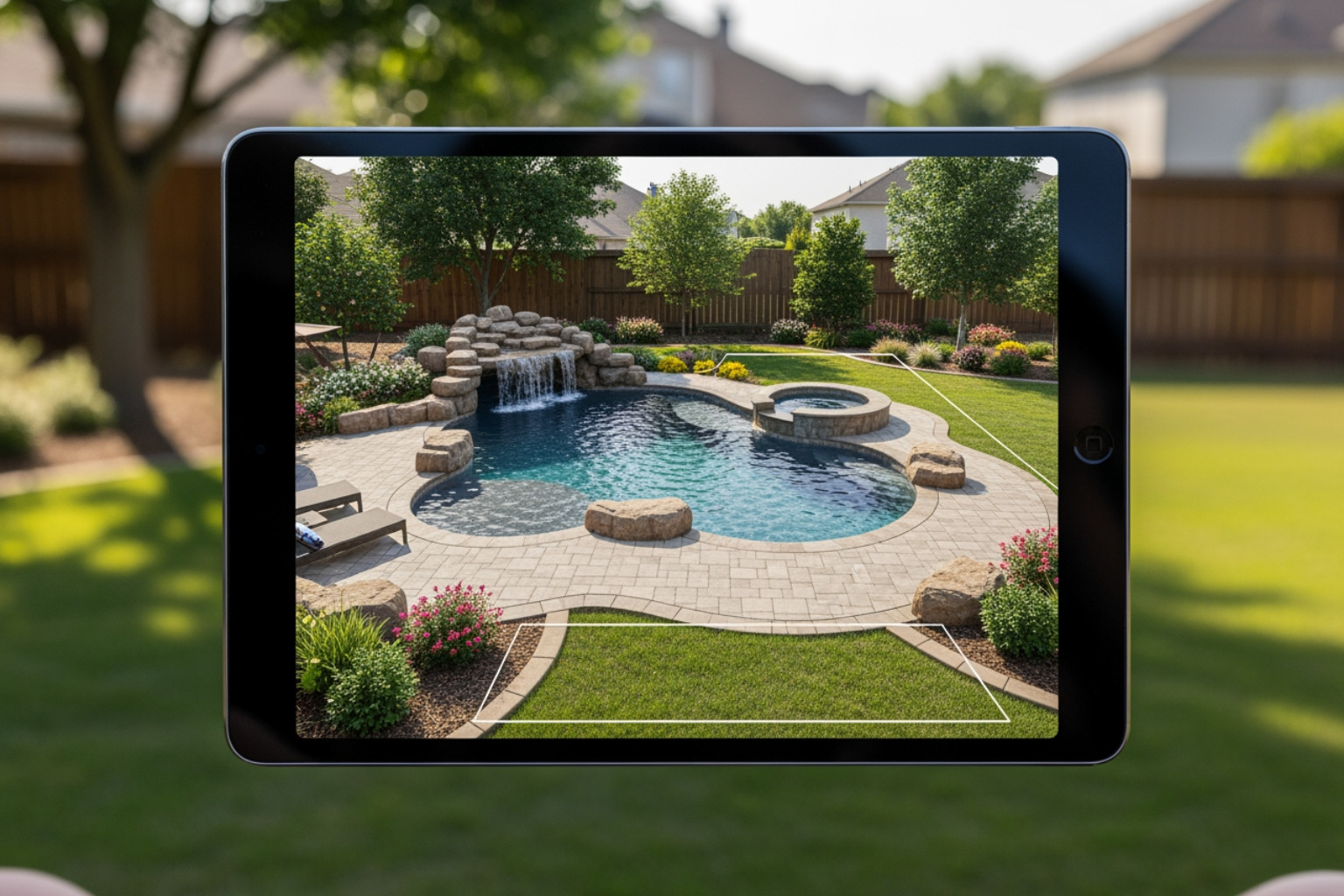 3D pool design on a tablet screen held up against the actual backyard it's designed for - Custom pool builders Katy 3D pool design on a tablet screen held up against the actual backyard it's designed for - Custom pool builders Katy