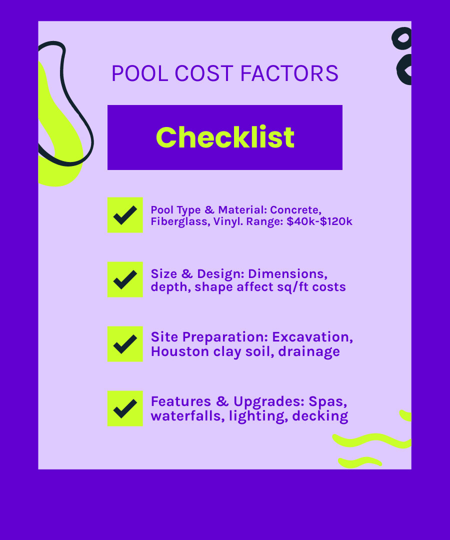 infographic showing four main cost factors for Houston pools: Pool Type and Material (concrete, fiberglass, vinyl) with price ranges $40k-$120k; Size and Design (dimensions, depth, shape) affecting square footage costs; Site Preparation (excavation, soil conditions, drainage) with Houston clay soil considerations; and Features and Upgrades (spas, waterfalls, lighting, decking) as additional investments - average cost to build a pool in houston tx infographic checklist-fun-neon infographic showing four main cost factors for Houston pools: Pool Type and Material (concrete, fiberglass, vinyl) with price ranges $40k-$120k; Size and Design (dimensions, depth, shape) affecting square footage costs; Site Preparation (excavation, soil conditions, drainage) with Houston clay soil considerations; and Features and Upgrades (spas, waterfalls, lighting, decking) as additional investments - average cost to build a pool in houston tx infographic checklist-fun-neon