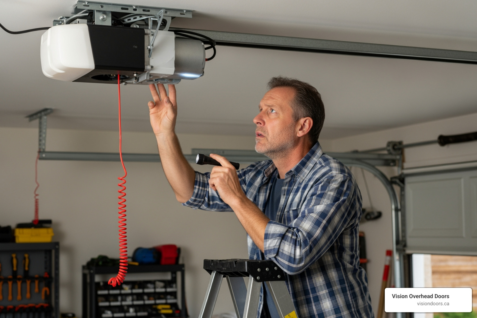 Infographic showing 3 immediate steps when your garage door opener fails: Step 1 - Check for Power (inspect outlet and breaker), Step 2 - Pull Emergency Release (red cord near motor), Step 3 - Call for Help (contact local Armstrong technician for same-day service) - emergency garage door opener repair in armstrong, bc Technician inspecting a garage door opener with a flashlight, highlighting urgent repair services by Vision Overhead Doors in Armstrong, BC.