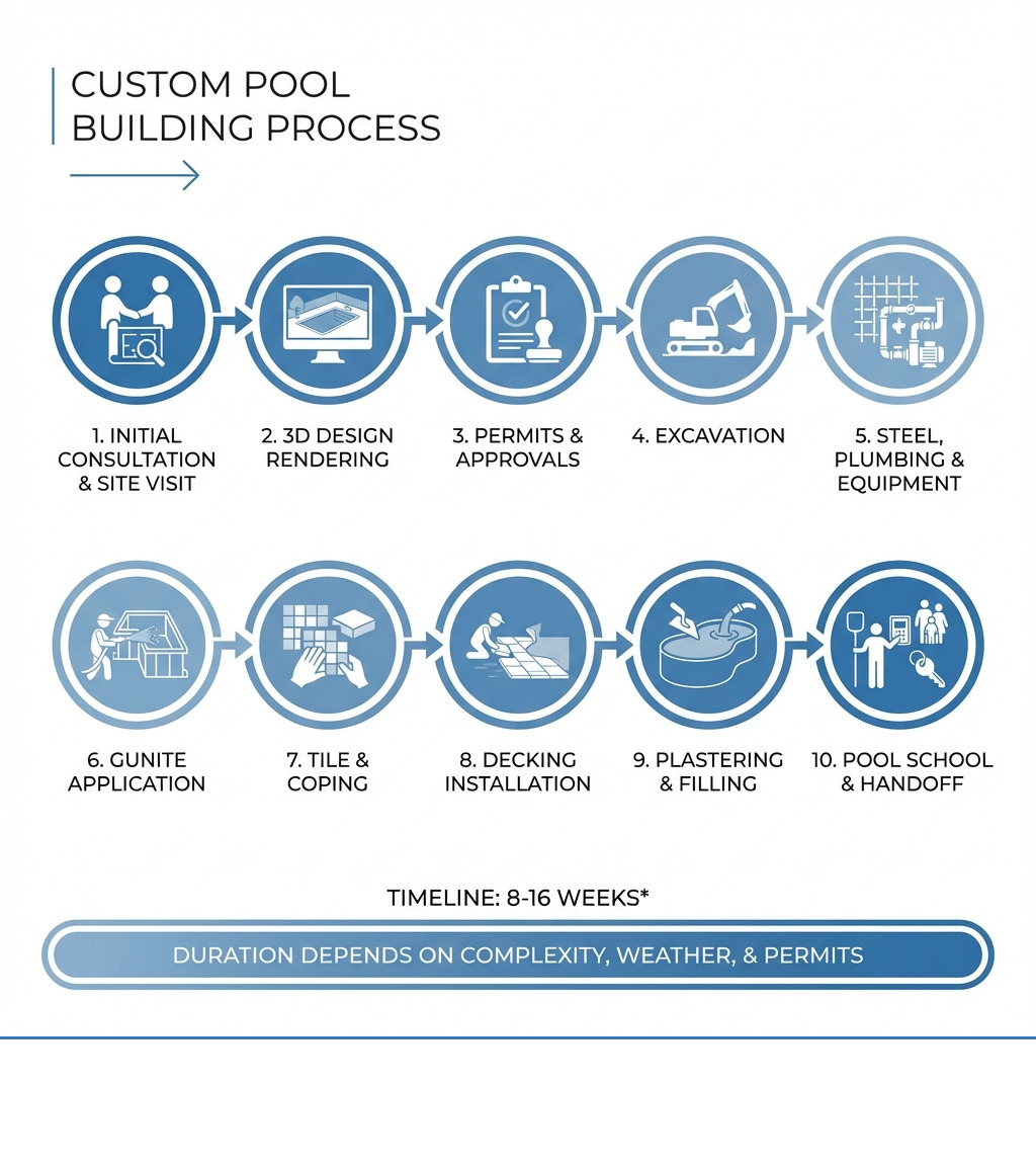 Infographic showing the custom pool building process: Initial Consultation & Site Visit → 3D Design Rendering → Permits & Approvals → Excavation → Steel, Plumbing & Equipment → Gunite Application → Tile & Coping → Decking Installation → Plastering & Filling → Pool School & Handoff. Timeline: 8-16 weeks depending on complexity, weather, and permits. - Custom pool builders Katy infographic Infographic showing the custom pool building process: Initial Consultation & Site Visit → 3D Design Rendering → Permits & Approvals → Excavation → Steel, Plumbing & Equipment → Gunite Application → Tile & Coping → Decking Installation → Plastering & Filling → Pool School & Handoff. Timeline: 8-16 weeks depending on complexity, weather, and permits. - Custom pool builders Katy infographic