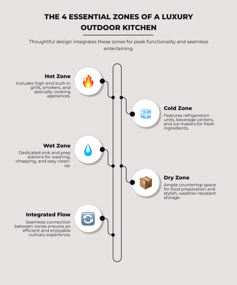 infographic showing four key zones of a luxury outdoor kitchen: Hot Zone with grill and cooking appliances, Cold Zone with refrigeration and beverage centers, Wet Zone with sink and prep station, Dry Zone with countertops and storage cabinets - modern luxury outdoor kitchen infographic infographic-line-5-steps-elegant_beige infographic showing four key zones of a luxury outdoor kitchen: Hot Zone with grill and cooking appliances, Cold Zone with refrigeration and beverage centers, Wet Zone with sink and prep station, Dry Zone with countertops and storage cabinets - modern luxury outdoor kitchen infographic infographic-line-5-steps-elegant_beige