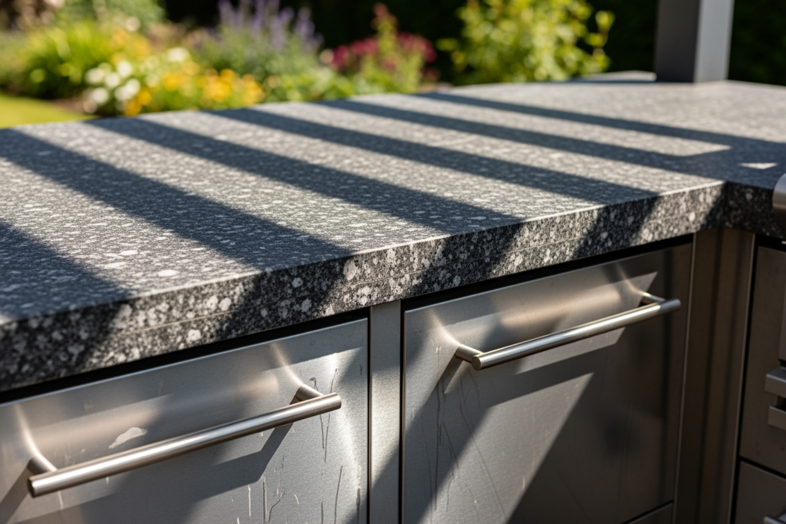 close-up on durable granite countertops and stainless steel cabinets weathering the sun - modern luxury outdoor kitchen close-up on durable granite countertops and stainless steel cabinets weathering the sun - modern luxury outdoor kitchen