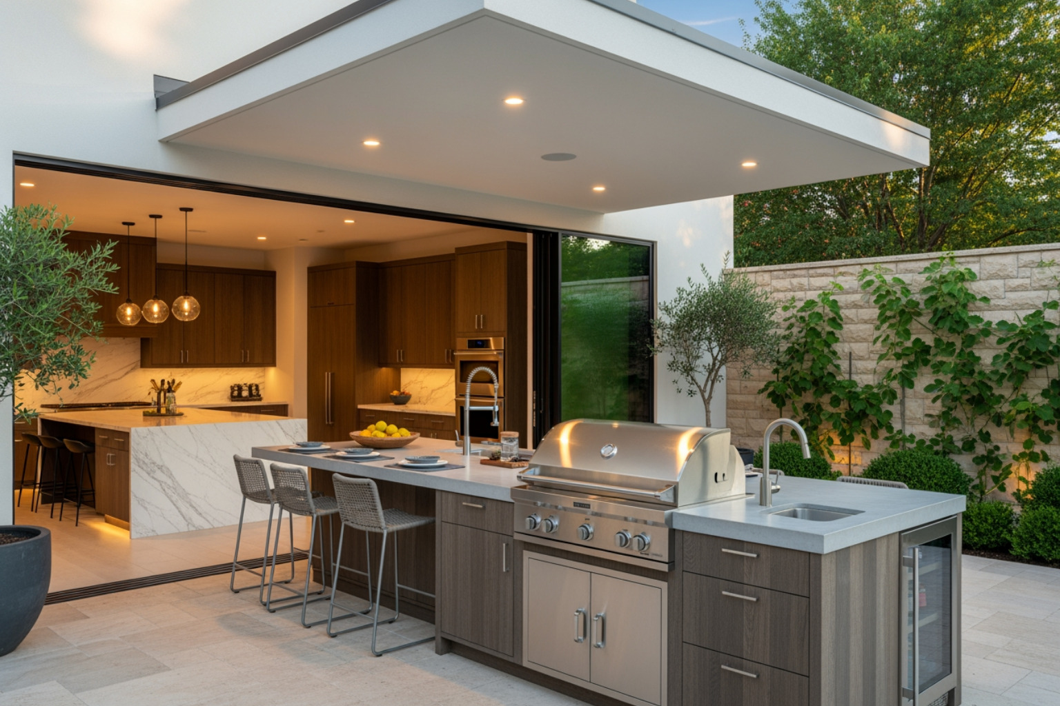 outdoor kitchen with a large island and bar seating seamlessly connected to the indoor space - modern luxury outdoor kitchen outdoor kitchen with a large island and bar seating seamlessly connected to the indoor space - modern luxury outdoor kitchen