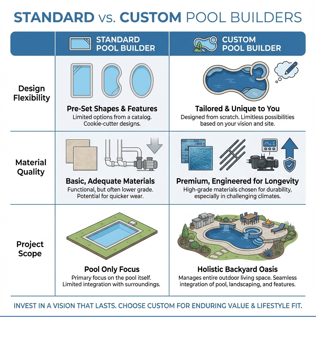 Table comparing Standard Pool Builder vs. Custom Pool Builder on design flexibility, material quality, and project scope - Custom pool builders Katy infographic Table comparing Standard Pool Builder vs. Custom Pool Builder on design flexibility, material quality, and project scope - Custom pool builders Katy infographic
