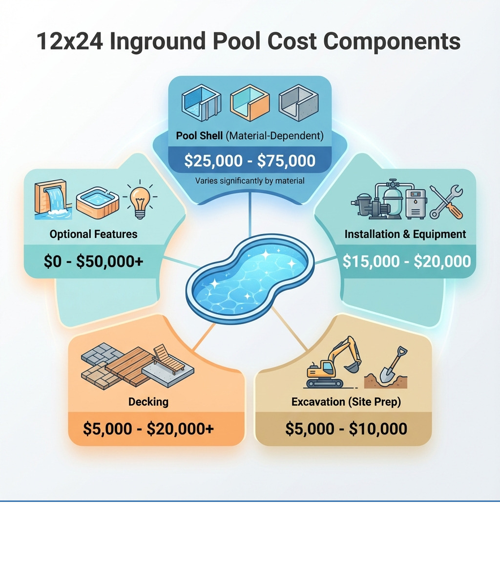 Infographic showing the key cost components of a 12x24 inground pool: Pool Shell ($25,000-$75,000 depending on material), Installation & Equipment ($15,000-$20,000), Excavation ($5,000-$10,000), Decking ($5,000-$20,000+), and Optional Features ($0-$50,000+) - how much does a 12x24 inground pool cost infographic Infographic showing the key cost components of a 12x24 inground pool: Pool Shell ($25,000-$75,000 depending on material), Installation & Equipment ($15,000-$20,000), Excavation ($5,000-$10,000), Decking ($5,000-$20,000+), and Optional Features ($0-$50,000+) - how much does a 12x24 inground pool cost infographic