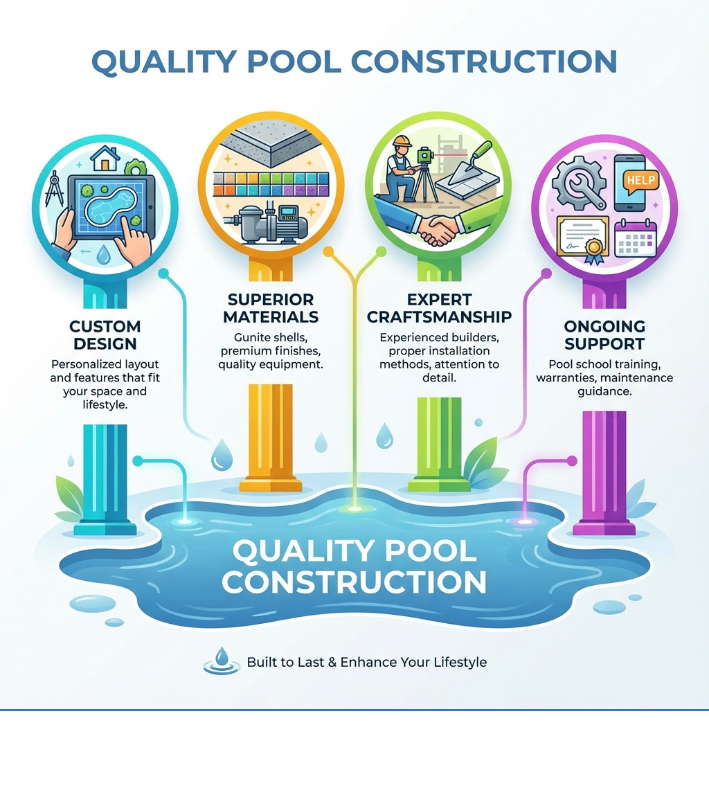 Infographic showing the 4 pillars of quality pool construction: Custom Design (personalized layout and features that fit your space and lifestyle), Superior Materials (gunite shells, premium finishes, quality equipment), Expert Craftsmanship (experienced builders, proper installation methods, attention to detail), and Ongoing Support (pool school training, warranties, maintenance guidance) - Quality pool construction infographic Infographic showing the 4 pillars of quality pool construction: Custom Design (personalized layout and features that fit your space and lifestyle), Superior Materials (gunite shells, premium finishes, quality equipment), Expert Craftsmanship (experienced builders, proper installation methods, attention to detail), and Ongoing Support (pool school training, warranties, maintenance guidance) - Quality pool construction infographic