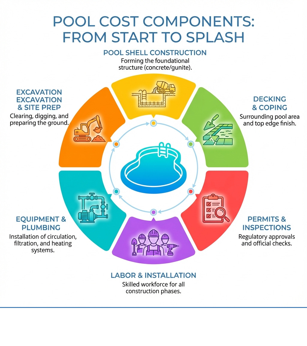 Infographic showing pool cost components: excavation and site prep, pool shell construction, decking and coping, equipment and plumbing, labor and installation, permits and inspections - cost to install a pool in houston infographic Infographic showing pool cost components: excavation and site prep, pool shell construction, decking and coping, equipment and plumbing, labor and installation, permits and inspections - cost to install a pool in houston infographic