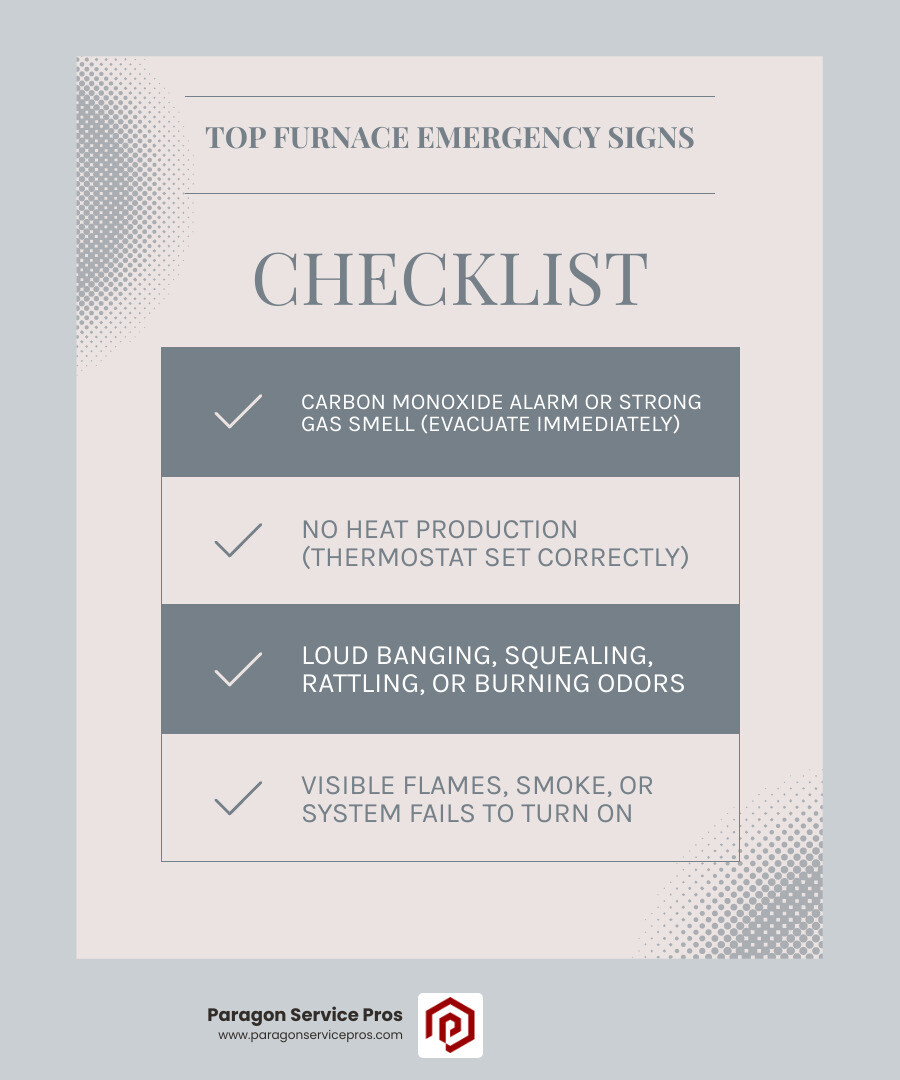infographic showing five critical warning signs requiring immediate furnace repair: no heat production with thermostat set correctly, strong gas or burning electrical smell, carbon monoxide detector alarm, furnace making loud banging or screeching sounds, and visible flames or smoke from the unit, each with safety icons and immediate action steps - emergency furnace repair in mesa, az infographic checklist-light-blue-grey