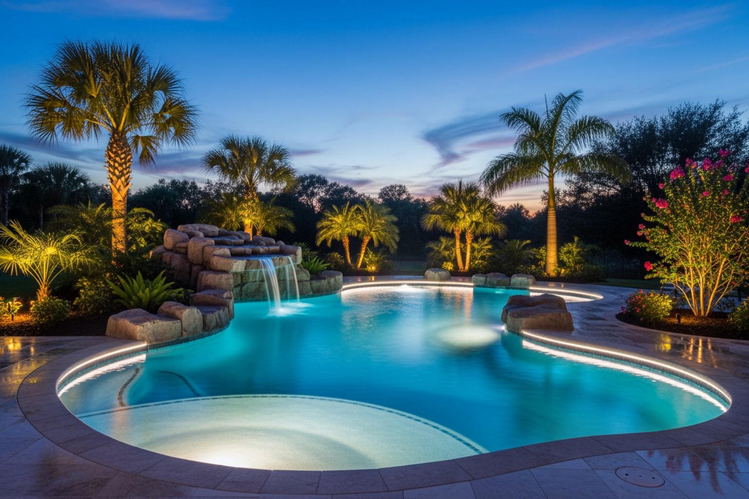 luxurious custom pool at twilight with LED lighting and a waterfall feature - how much are custom swimming pools luxurious custom pool at twilight with LED lighting and a waterfall feature - how much are custom swimming pools