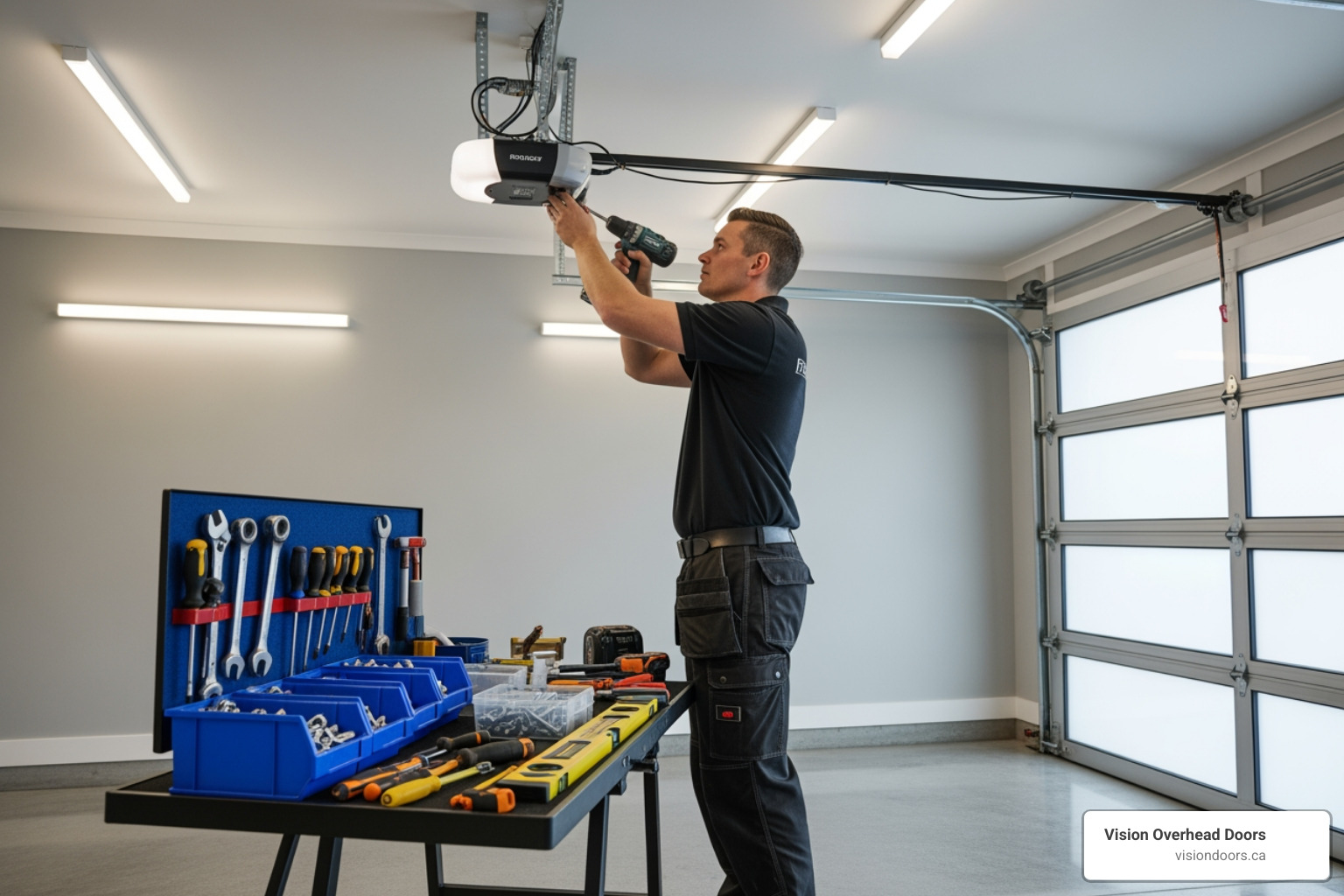 Infographic showing the garage door opener installation process: 1. Assessment and removal of old unit, 2. Secure mounting of new motor and rail system, 3. Installation and alignment of safety sensors, 4. Programming of remotes and wall controls, 5. Complete system testing and cleanup - garage door opener installation kelowna bc Professional technician installing a garage door opener, using a drill, with a toolbox of tools and a modern garage setting, emphasizing safety and reliability in garage door opener installation services by Vision Overhead Doors in Kelowna, BC.