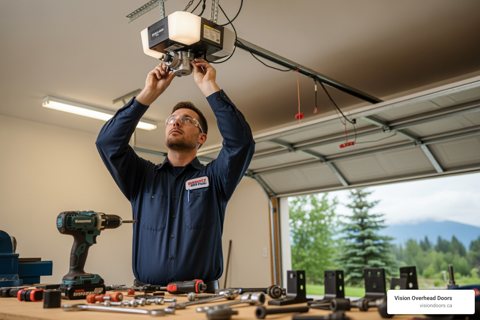infographic showing the emergency garage door opener installation process in Armstrong BC, including average response time of same-day service, typical installation duration of 2-4 hours, key steps from initial call through safety inspection and testing, service coverage area including Armstrong and North Okanagan, and what homeowners should prepare before technician arrival - emergency garage door opener installation in armstrong, bc Technician installing a garage door opener, tools and hardware on workbench, Vision Overhead Doors branding visible, garage setting with natural light.