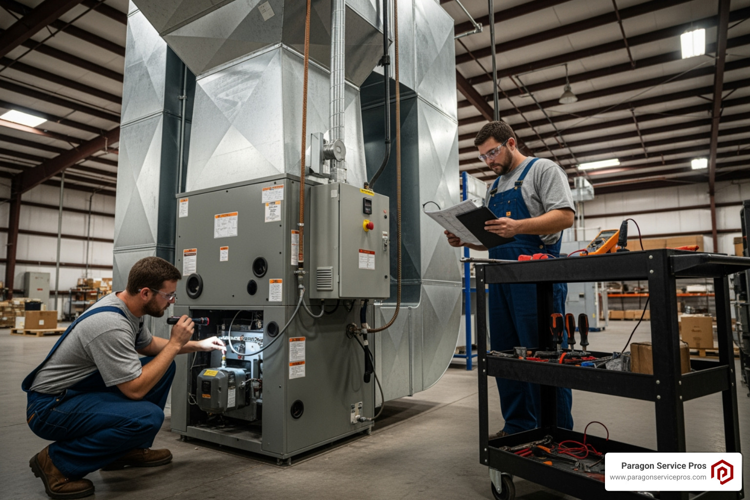 infographic showing 5 warning signs: unusual noises like banging or grinding, uneven heating across building zones, sudden spike in energy bills, frequent on-off cycling, and burning or gas odors - commercial furnace repair in gilbert, az
