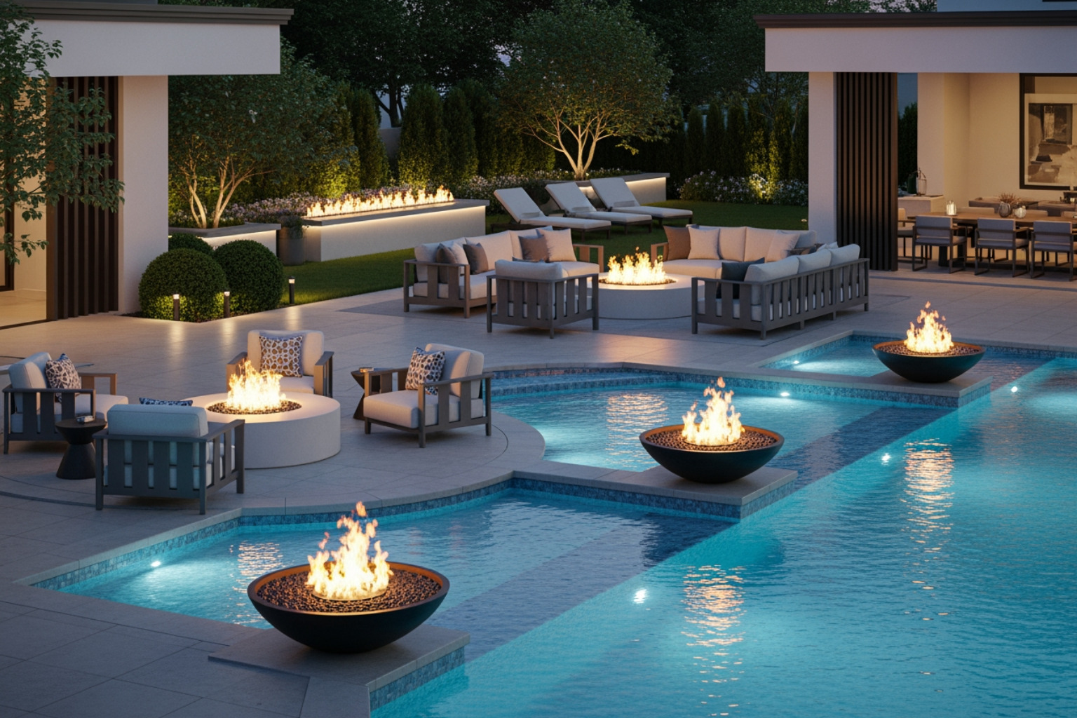 modern luxury backyard with fire features, multiple spas and living areas modern luxury backyard with fire features, multiple spas and living areas