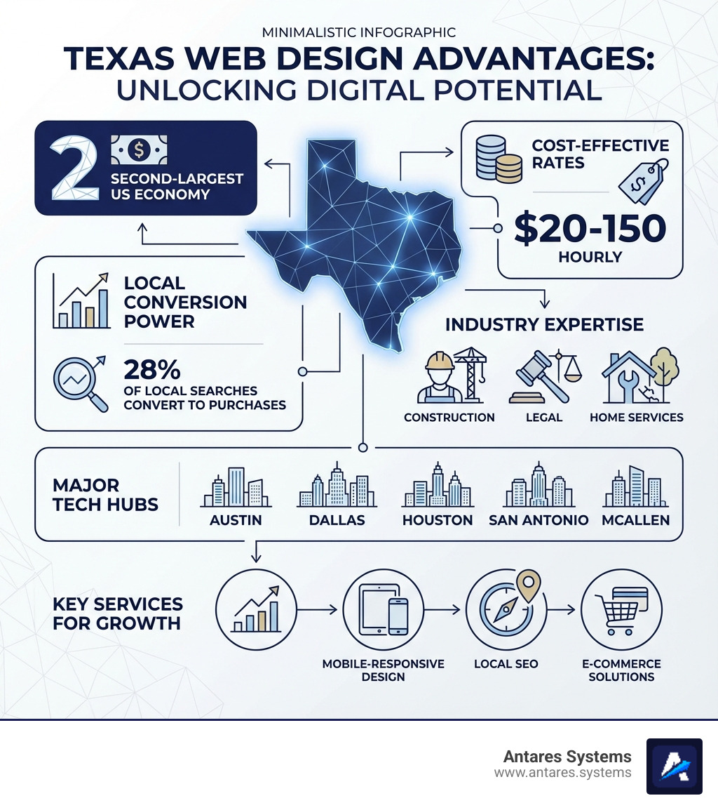 Infographic showing Texas web design advantages: second-largest US economy, 28% of local searches convert to purchases, $20-150 hourly rates, expertise in construction/legal/home services, cities include Austin/Dallas/Houston/San Antonio/McAllen, key services include mobile-responsive design, local SEO, and e-commerce solutions - texas web designer infographic 
