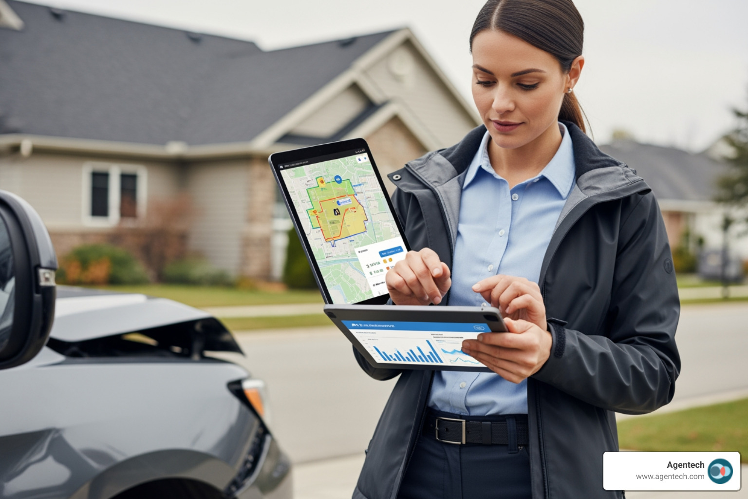showing a P&C adjuster using a tablet with AI assistance in the field for a property or auto claim - Rapid claims settlement