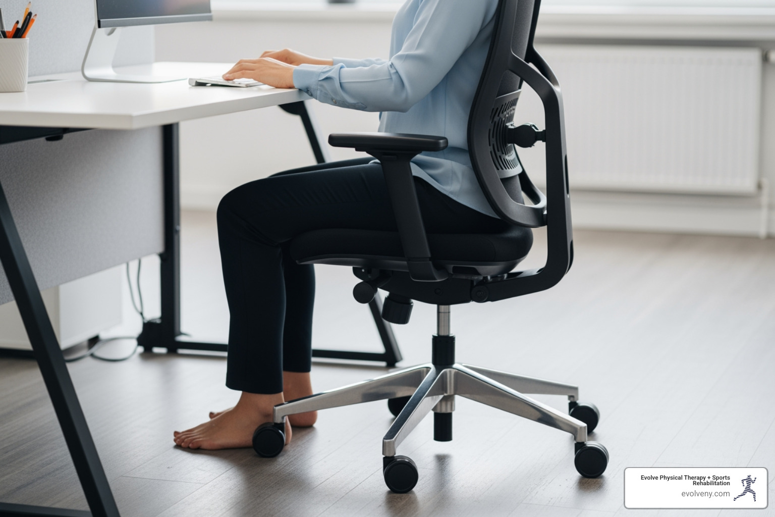 person sitting with proper posture at desk - correct sitting posture at desk