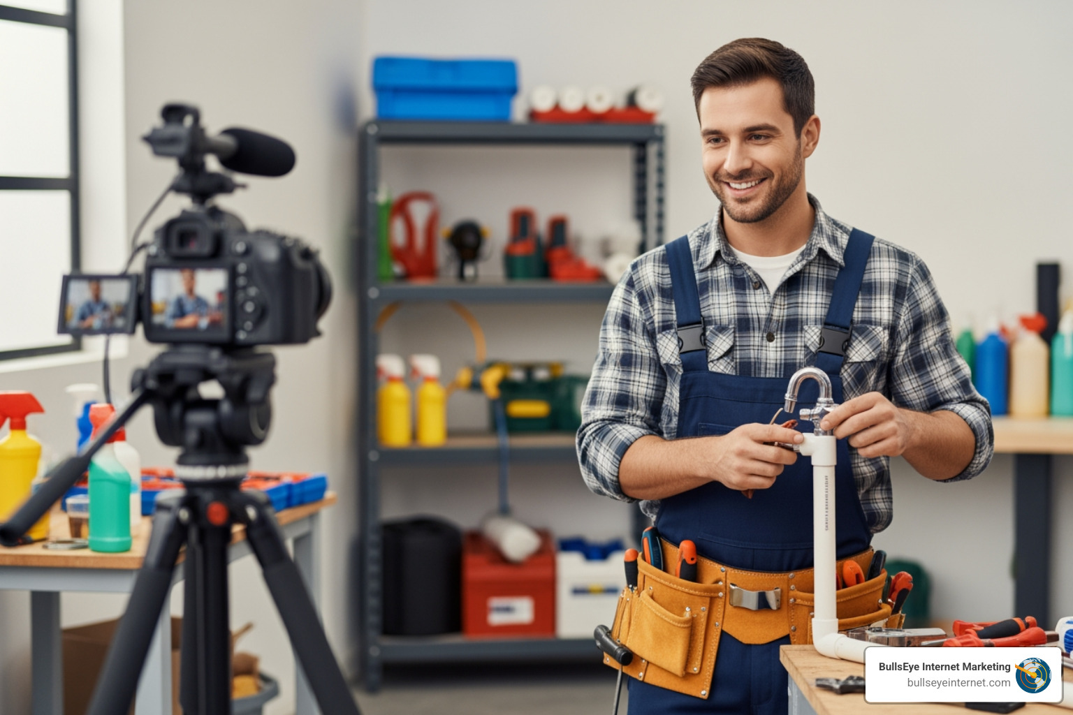 Plumber demonstrating expertise on camera, holding plumbing fixture, surrounded by tools and supplies in workshop setting, emphasizing content creation for plumbing businesses.
