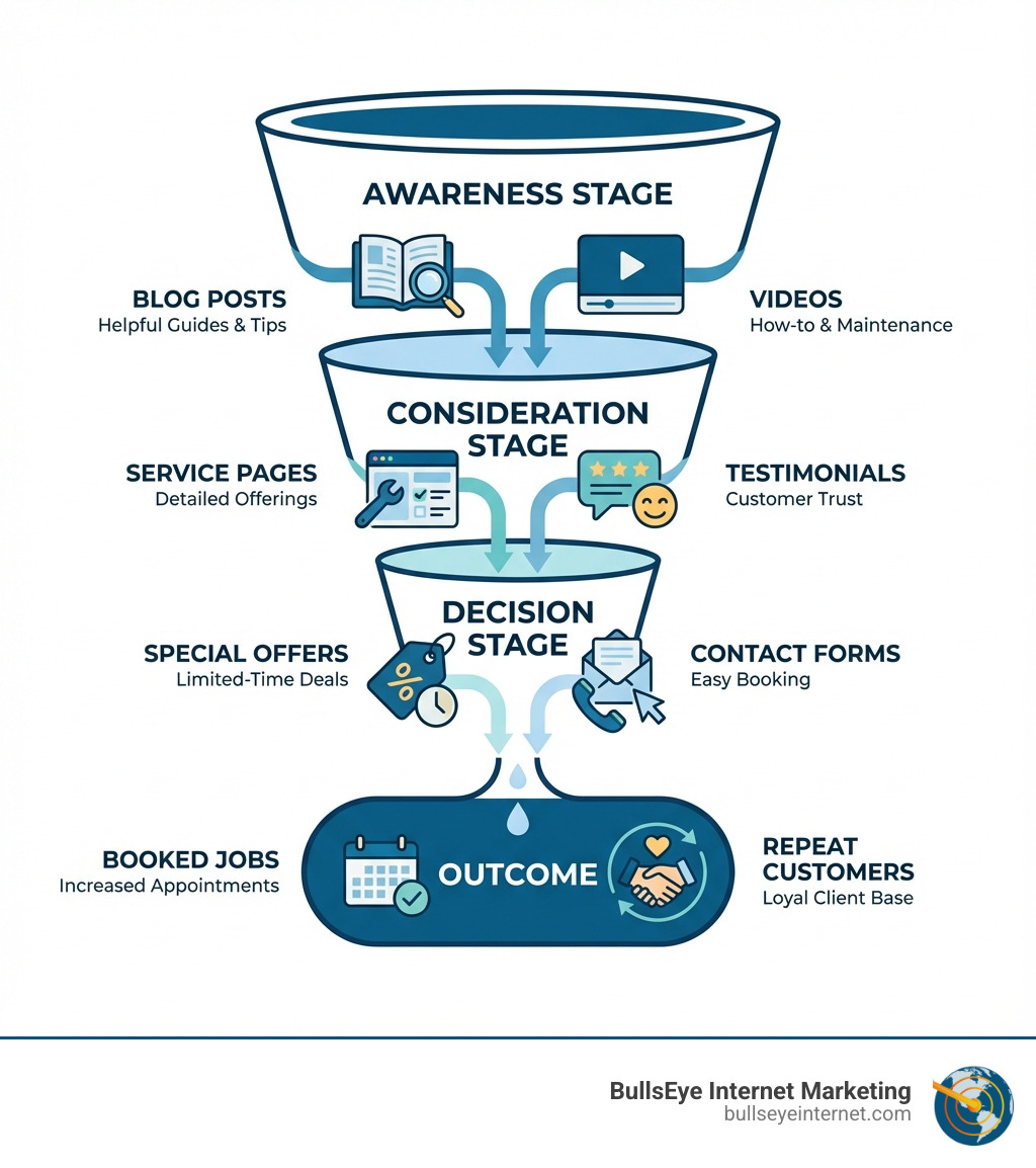 Content marketing funnel for plumbing businesses illustrating awareness, consideration, and decision stages with blog posts, videos, testimonials, and contact forms leading to booked jobs and repeat customers.