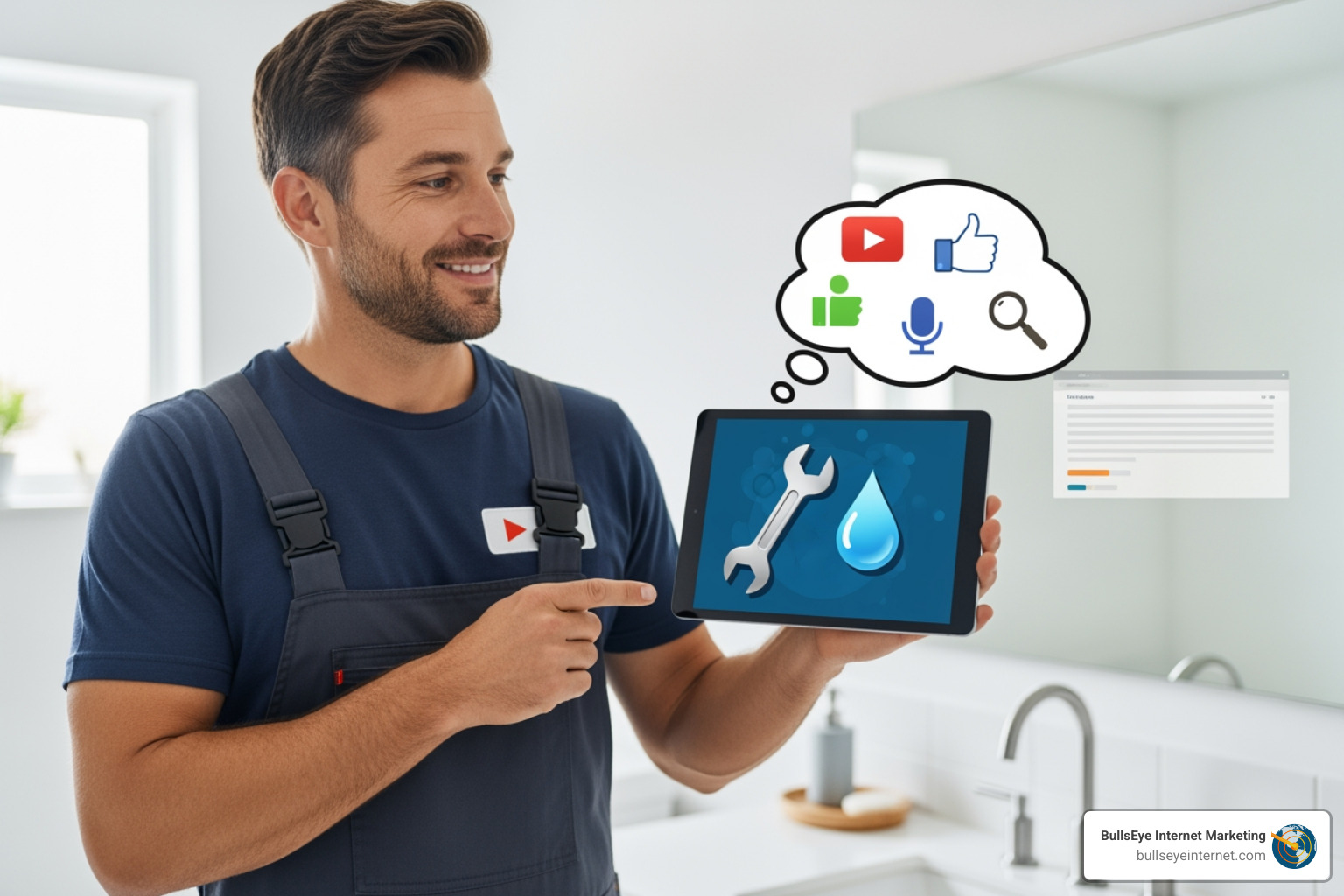 Plumber holding tablet displaying plumbing tools and water droplet icons, with social media and search symbols, illustrating content marketing strategies for plumbing businesses.