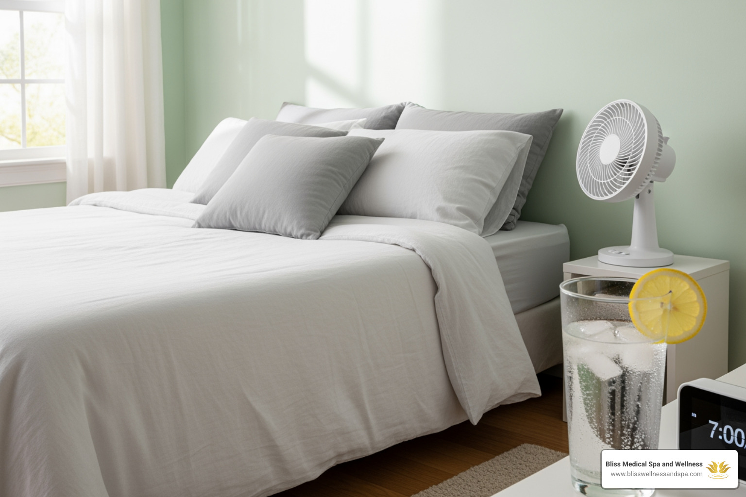 calm bedroom with a fan, light bedding, and a glass of cold water - night sweat treatment
