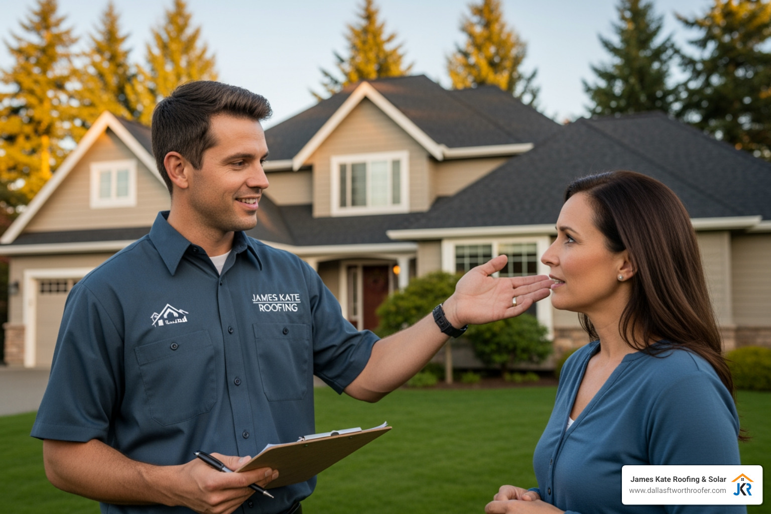 roofer showing homeowner digital inspection report on tablet - roof inspection arlington tx roofer showing homeowner digital inspection report on tablet - roof inspection arlington tx
