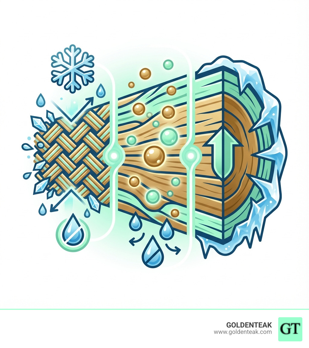 Infographic showing teak's natural winter protection features: dense grain structure blocking moisture penetration, natural oils repelling water and preventing rot, and heartwood density maintaining structural integrity through freeze-thaw cycles - Can I leave teak furniture outside in the snow without a cover? infographic 