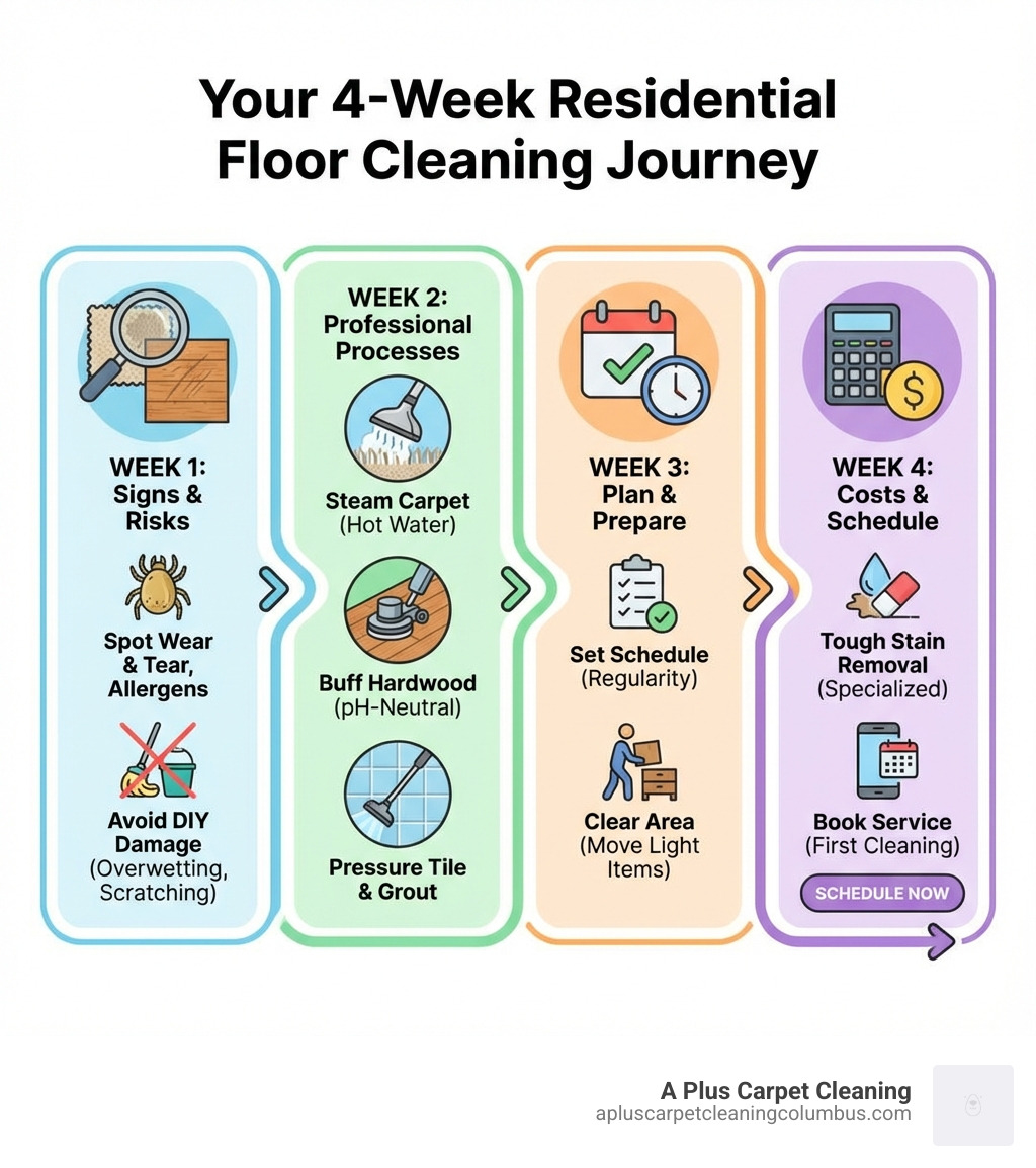 Infographic showing the 4-week residential floor cleaning journey: Week 1 - Identify signs you need professional help and understand DIY risks; Week 2 - Learn about professional processes for carpet, hardwood, and tile cleaning; Week 3 - Create a cleaning schedule and prepare your home for service; Week 4 - Understand costs and how pros tackle tough stains, ending with scheduling your first professional cleaning - residential floor cleaning infographic 