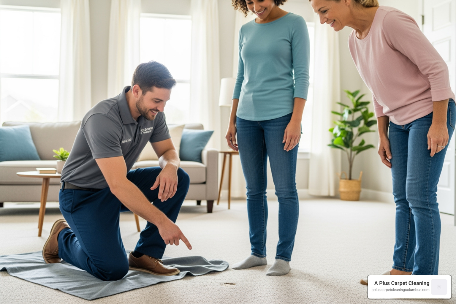 Friendly technician in uniform inspecting a carpet with a homeowner - professional carpet cleaning near me
