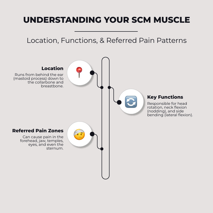 infographic showing the sternocleidomastoid muscle location on both sides of the neck, running from behind the ear to the collarbone and breastbone, with labels indicating its role in head rotation, neck flexion, and side bending, plus common pain referral zones to the forehead, jaw, and temples - sternocleidomastoid muscle pain infographic infographic-line-3-steps-elegant_beige infographic showing the sternocleidomastoid muscle location on both sides of the neck, running from behind the ear to the collarbone and breastbone, with labels indicating its role in head rotation, neck flexion, and side bending, plus common pain referral zones to the forehead, jaw, and temples - sternocleidomastoid muscle pain infographic infographic-line-3-steps-elegant_beige