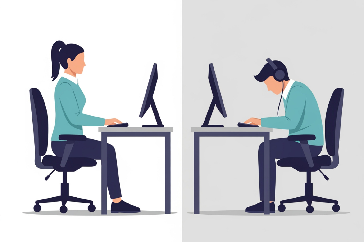 comparing good vs. poor sitting posture at a desk - Shoulder blade pain