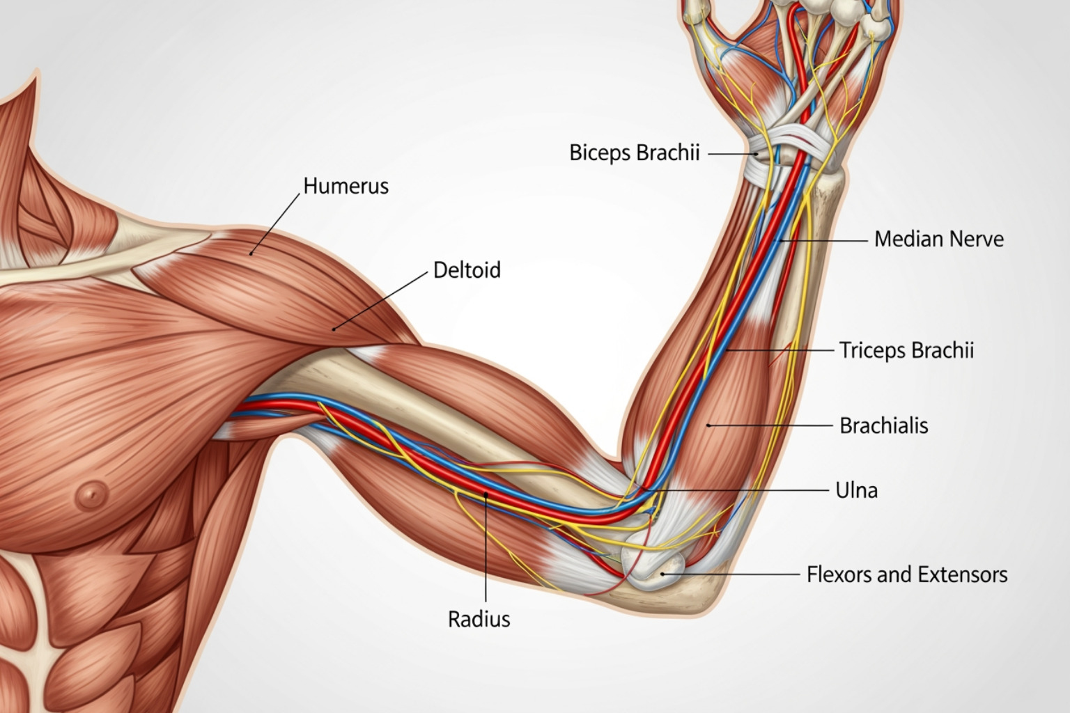 arm anatomy including muscles bones and nerves - left arm muscle ache