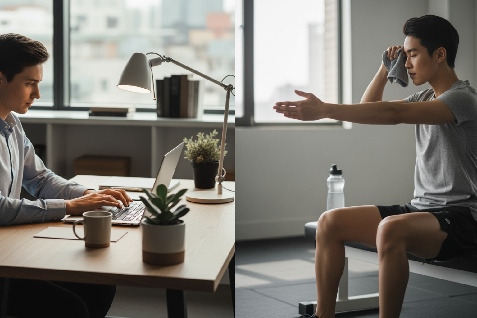 person working at a desk and another person post-workout - legs and arms aching