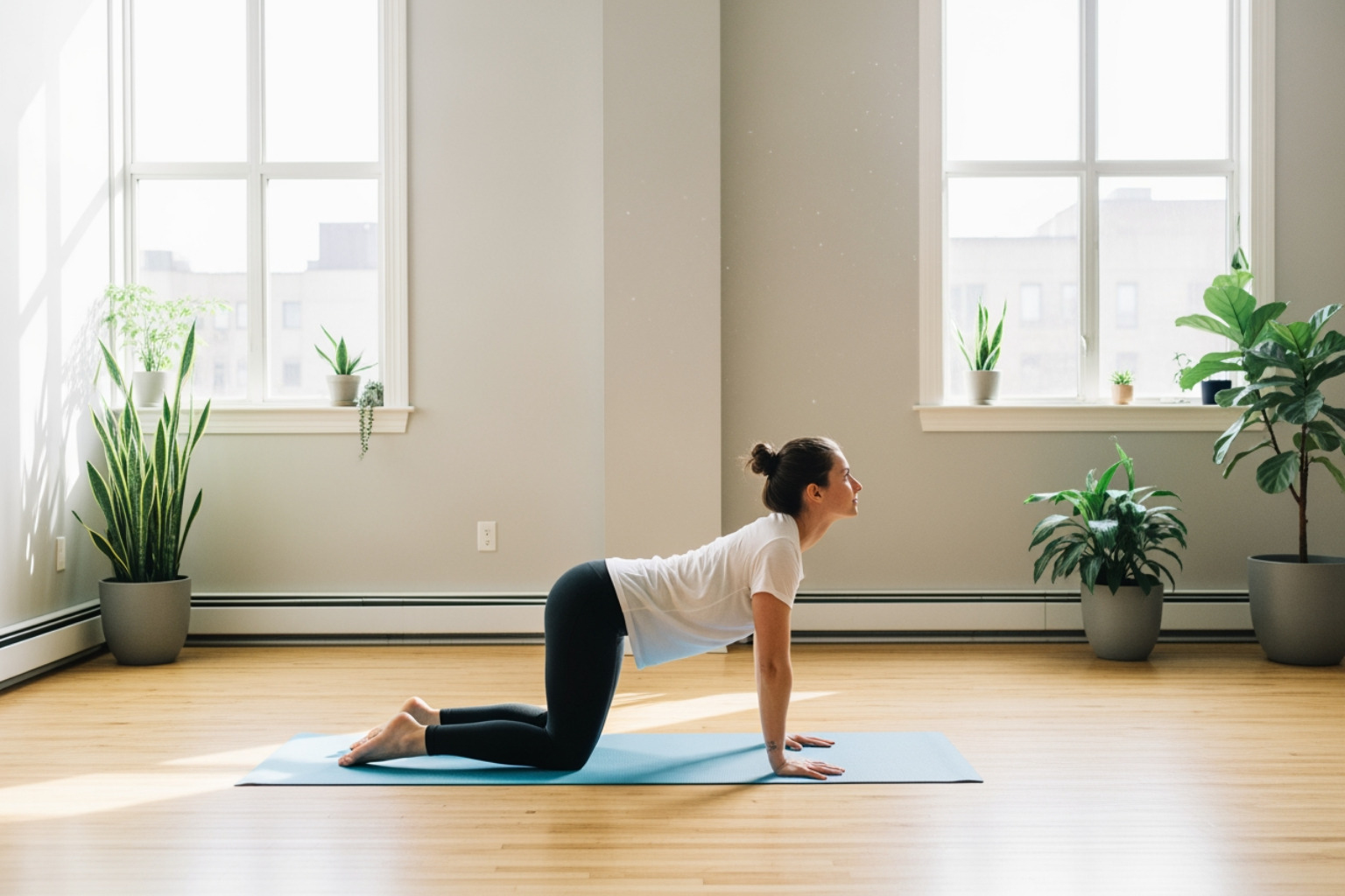 person performing Cat-Cow yoga pose - upper trapezius stretch person performing Cat-Cow yoga pose - upper trapezius stretch