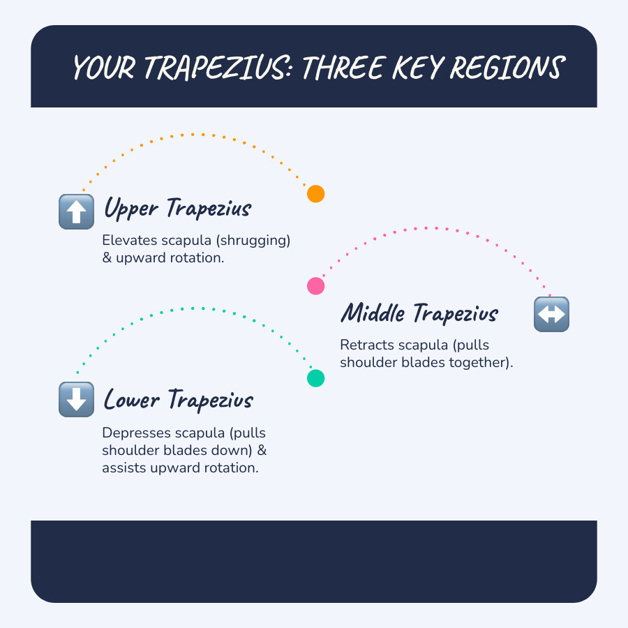 Infographic showing the three regions of the trapezius muscle on the human back, with upper traps near the neck, middle traps between the shoulder blades, and lower traps in the mid-back, along with their primary functions: elevation, retraction, and depression - trapezius exercises infographic infographic-line-3-steps-blues-accent_colors