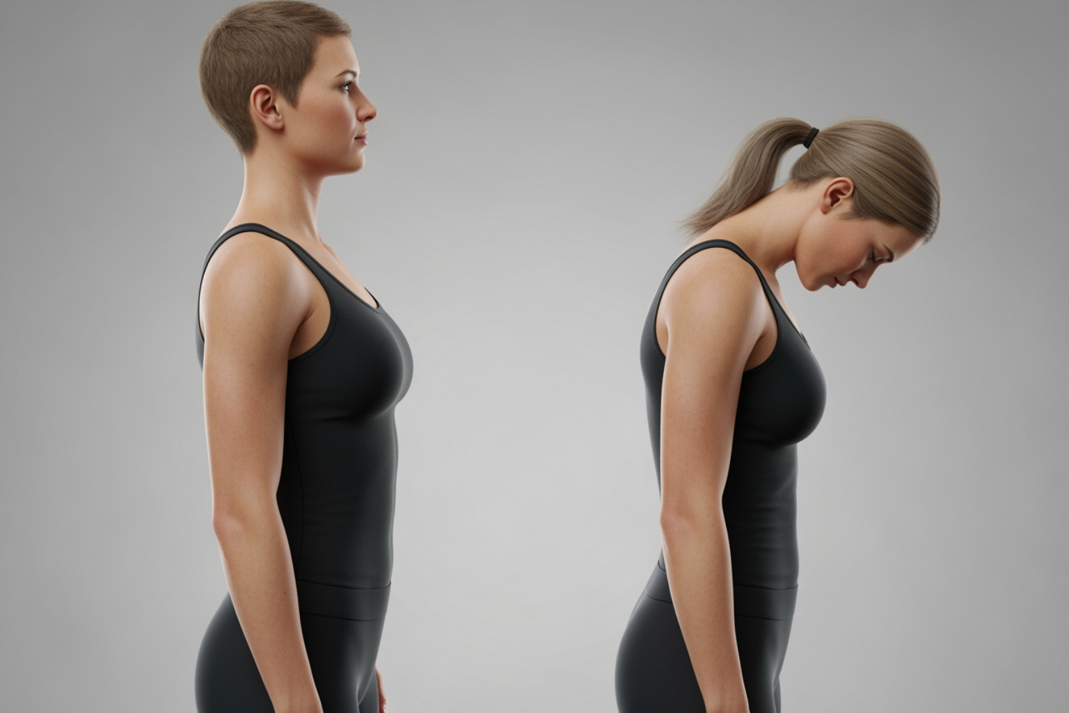 good posture with strong traps and poor posture with weak traps - trapezius exercises