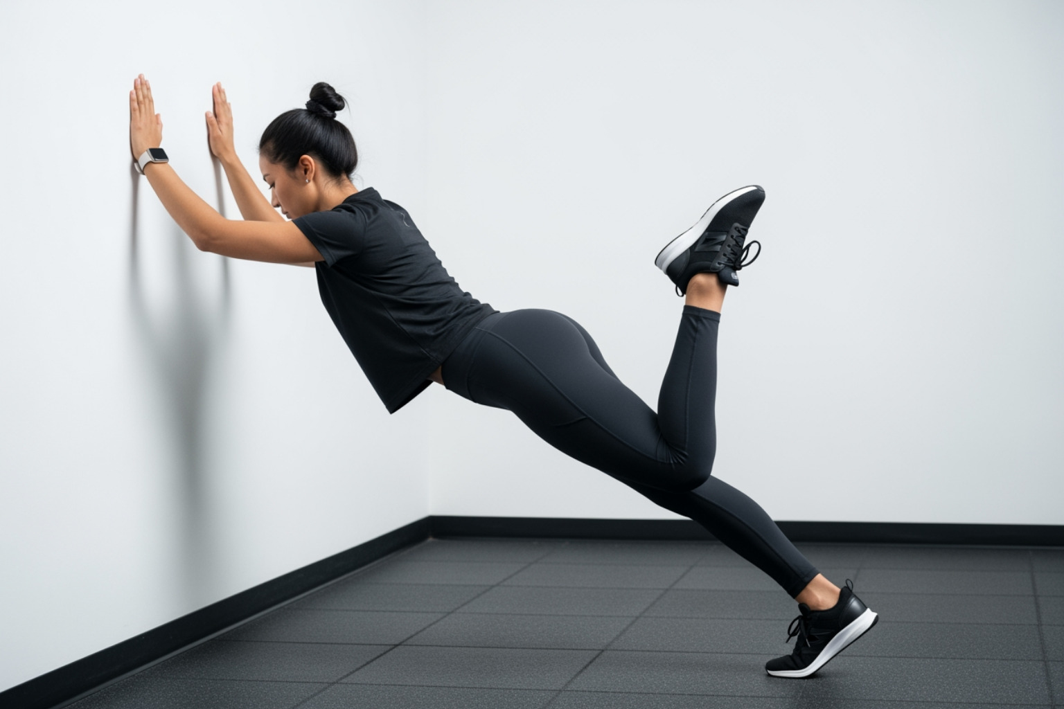 A person demonstrating a calf wall stretch, with one leg extended back, heel on the ground, and hands on a wall, showing a modern, dynamic pose - muscle cramp after workout