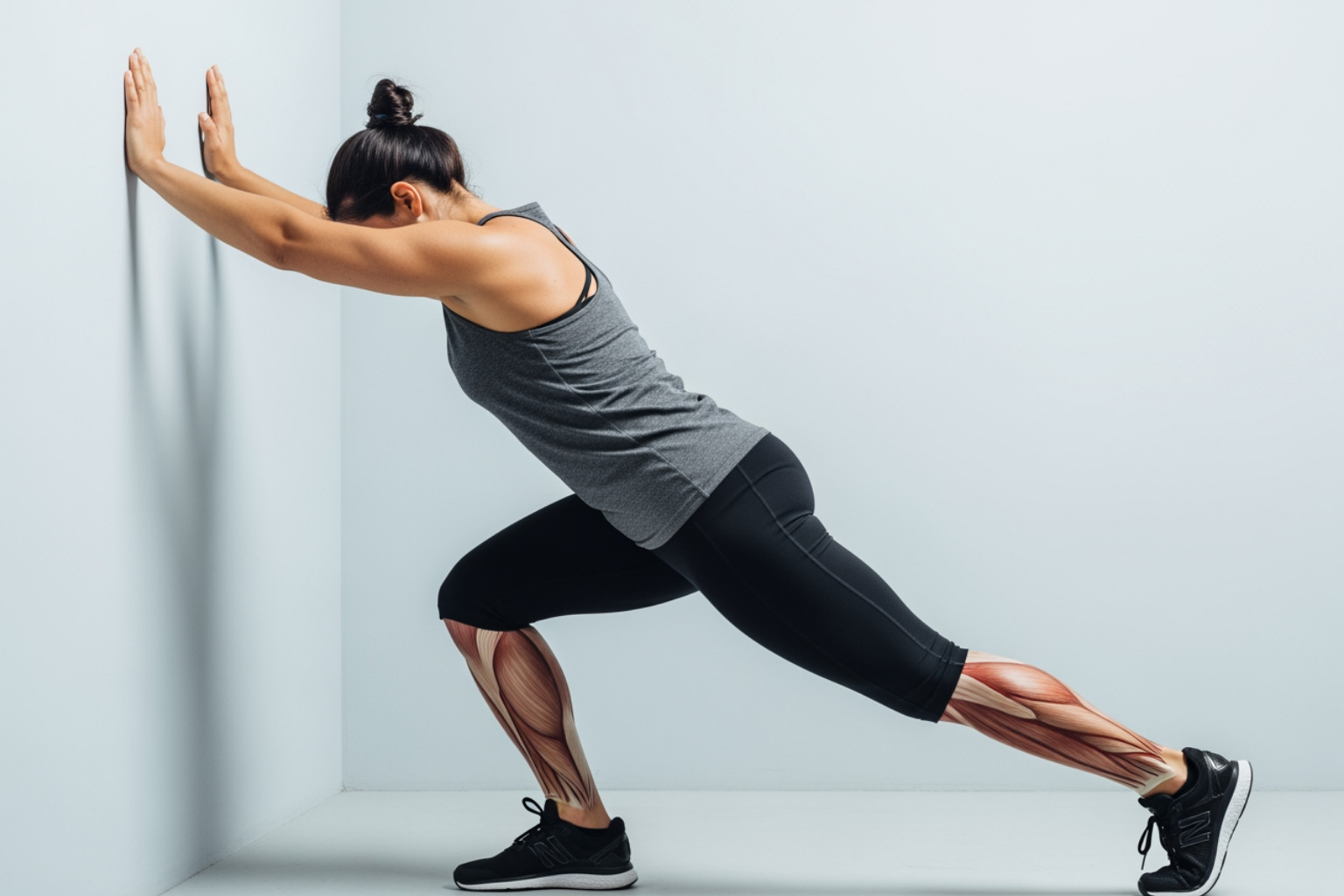 person performing a standing wall calf stretch - calf strain relief