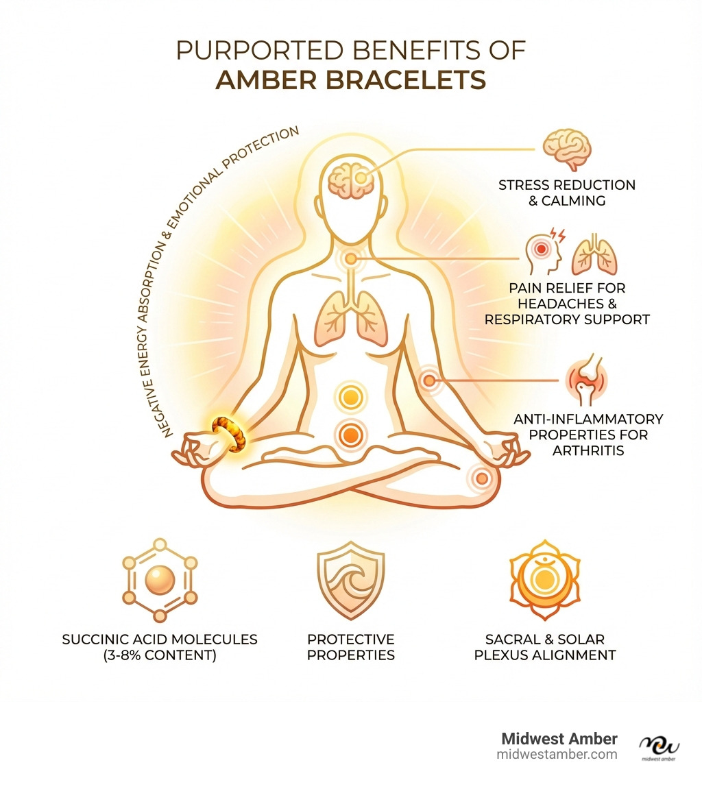 Infographic showing the main purported benefits of amber bracelets: a human figure with labels pointing to different areas - brain (stress reduction and calming), throat/chest (pain relief for headaches and respiratory support), joints (anti-inflammatory properties for arthritis), and an aura around the body (absorption of negative energy and emotional protection). Icons show succinic acid molecules (3-8% content), a shield (protective properties), and a chakra symbol (sacral and solar plexus alignment). - benefits of amber bracelets infographic 