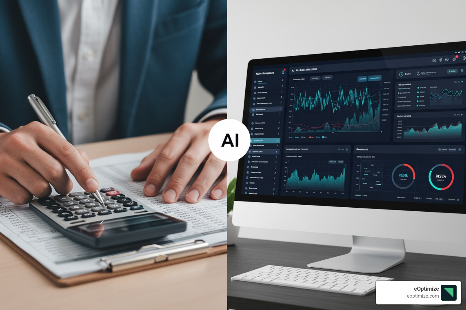 split screen showing manual spreadsheet analysis vs. an automated AI dashboard - AI competitive intelligence