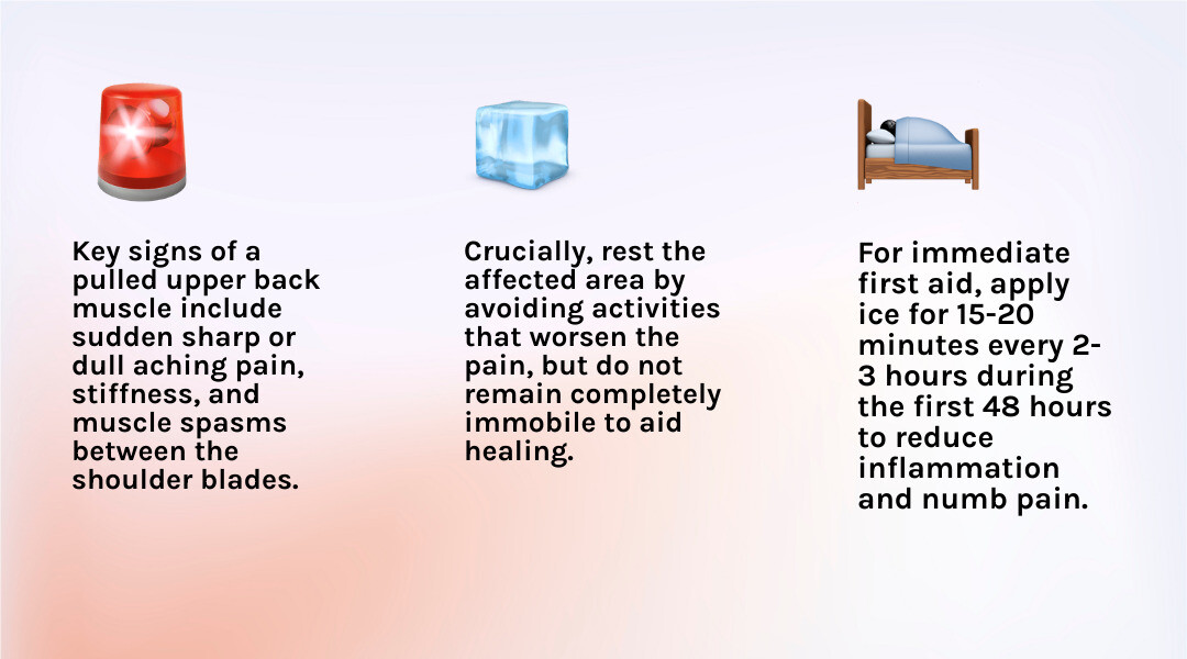 Infographic summarizing the key signs of a pulled upper back muscle and immediate first aid steps - pulled muscle pain in upper back infographic 3_facts_emoji_light-gradient