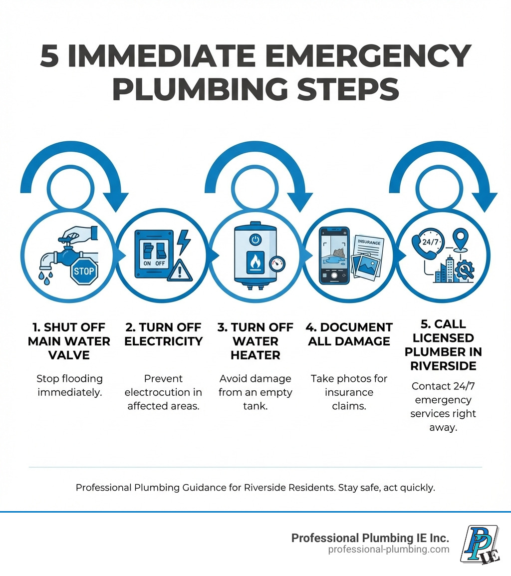 Infographic showing 5 immediate emergency plumbing steps: 1) Shut off the main water valve immediately to stop flooding, 2) Turn off electricity in affected areas to prevent electrocution, 3) Turn off the water heater to prevent damage from an empty tank, 4) Document all damage with photos for insurance claims, 5) Call a licensed 24/7 emergency plumber in Riverside right away - emergency plumbing services riverside infographic Infographic showing 5 immediate emergency plumbing steps: 1) Shut off the main water valve immediately to stop flooding, 2) Turn off electricity in affected areas to prevent electrocution, 3) Turn off the water heater to prevent damage from an empty tank, 4) Document all damage with photos for insurance claims, 5) Call a licensed 24/7 emergency plumber in Riverside right away - emergency plumbing services riverside infographic