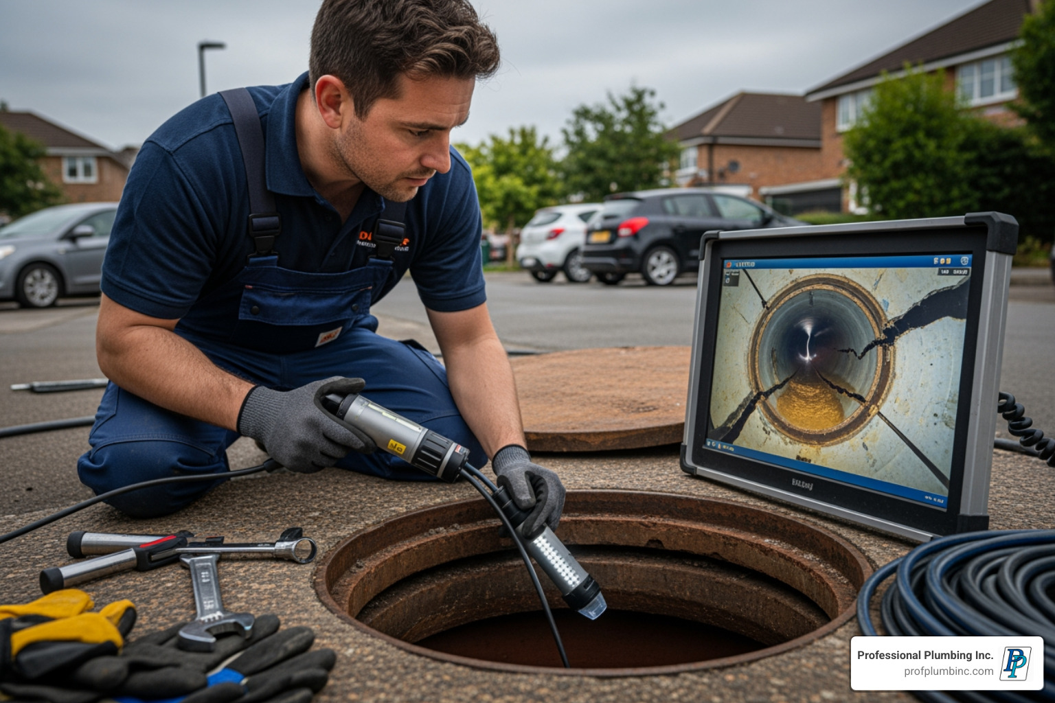 A plumber using a video sewer inspection camera, with a monitor displaying the inside of a pipe - sewer line repair Garden Grove