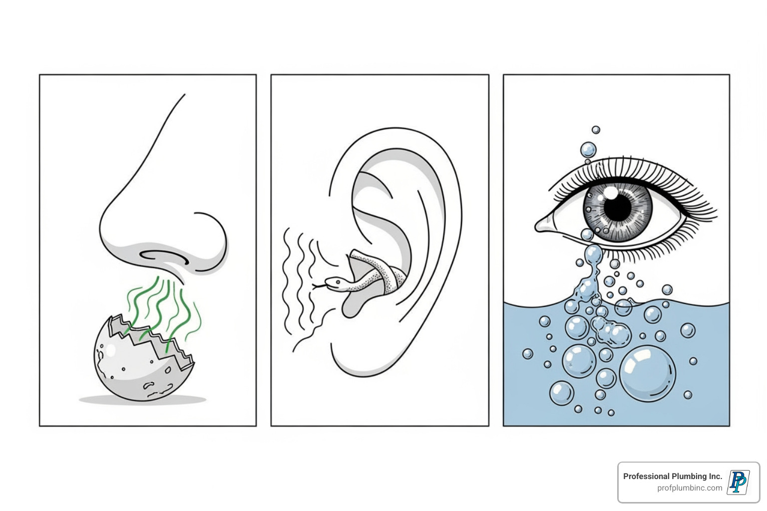 the three signs of a gas leak: a nose smelling rotten eggs, an ear hearing a hiss, and an eye seeing bubbling water - Anaheim gas leak