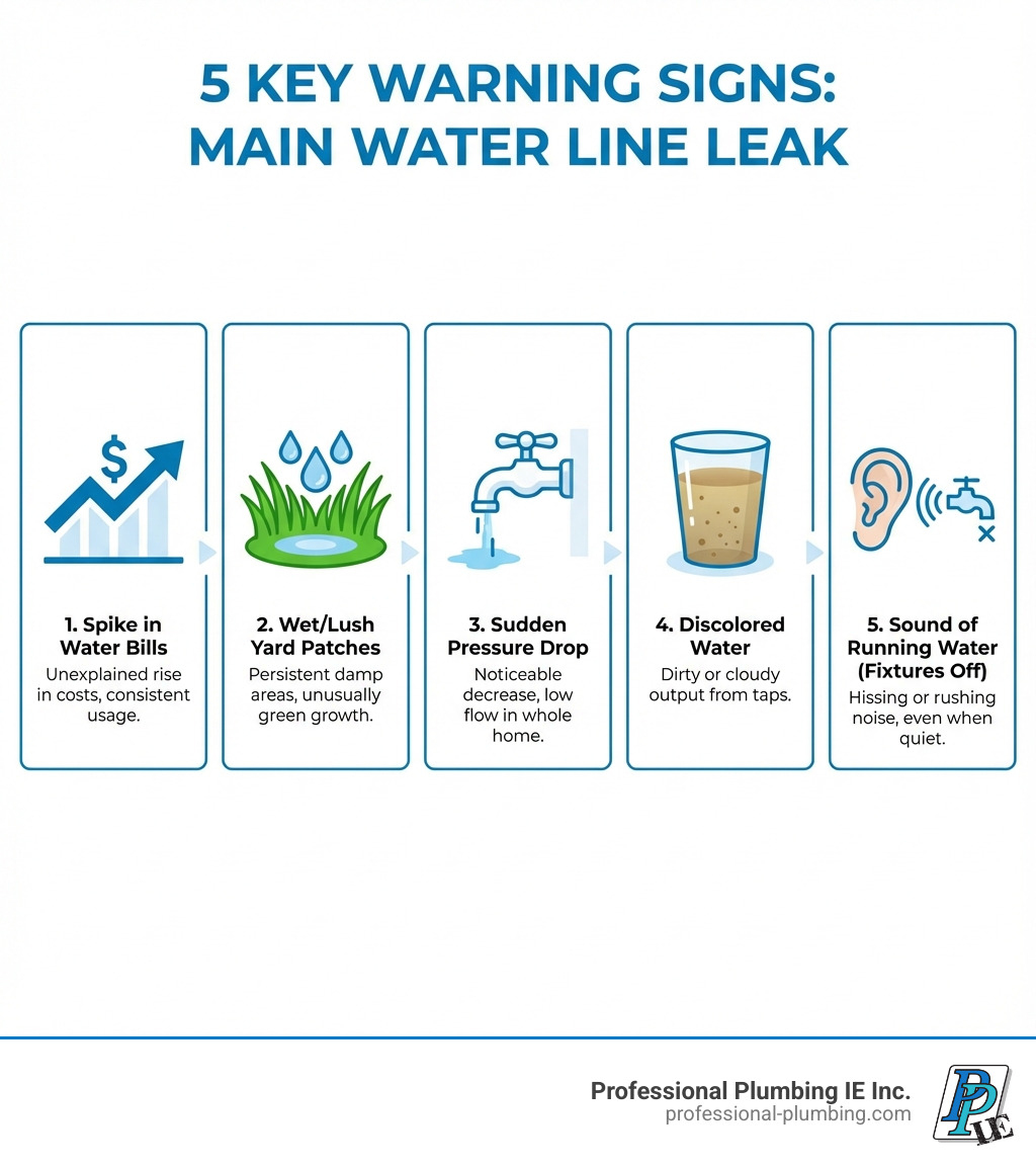 Infographic showing 5 key warning signs of a main water line leak: 1. Unexplained spike in water bills, 2. Persistent wet spots or lush patches in yard, 3. Sudden drop in water pressure, 4. Discolored or dirty water from taps, 5. Sound of running water when all fixtures are off - main water line leak infographic 