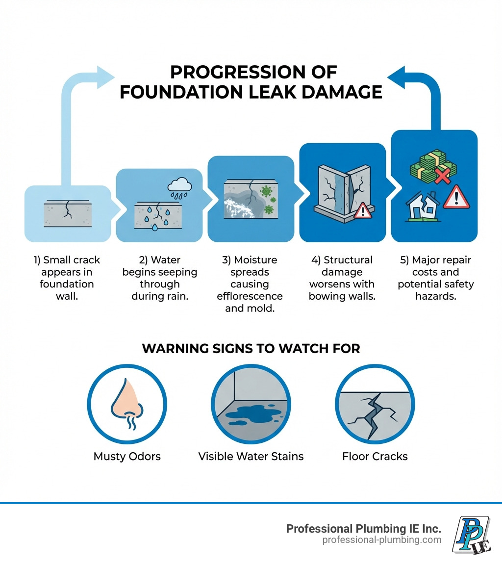 Infographic showing the progression of foundation leak damage: 1) Small crack appears in foundation wall, 2) Water begins seeping through during rain, 3) Moisture spreads causing efflorescence and mold, 4) Structural damage worsens with bowing walls, 5) Major repair costs and potential safety hazards; includes warning signs to watch for such as musty odors, visible water stains, and floor cracks - foundation leak specialist infographic 
